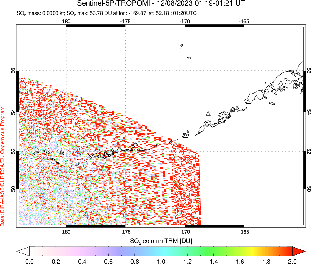 A sulfur dioxide image over Aleutian Islands, Alaska, USA on Dec 08, 2023.