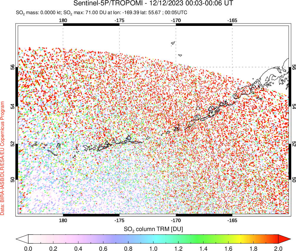 A sulfur dioxide image over Aleutian Islands, Alaska, USA on Dec 12, 2023.