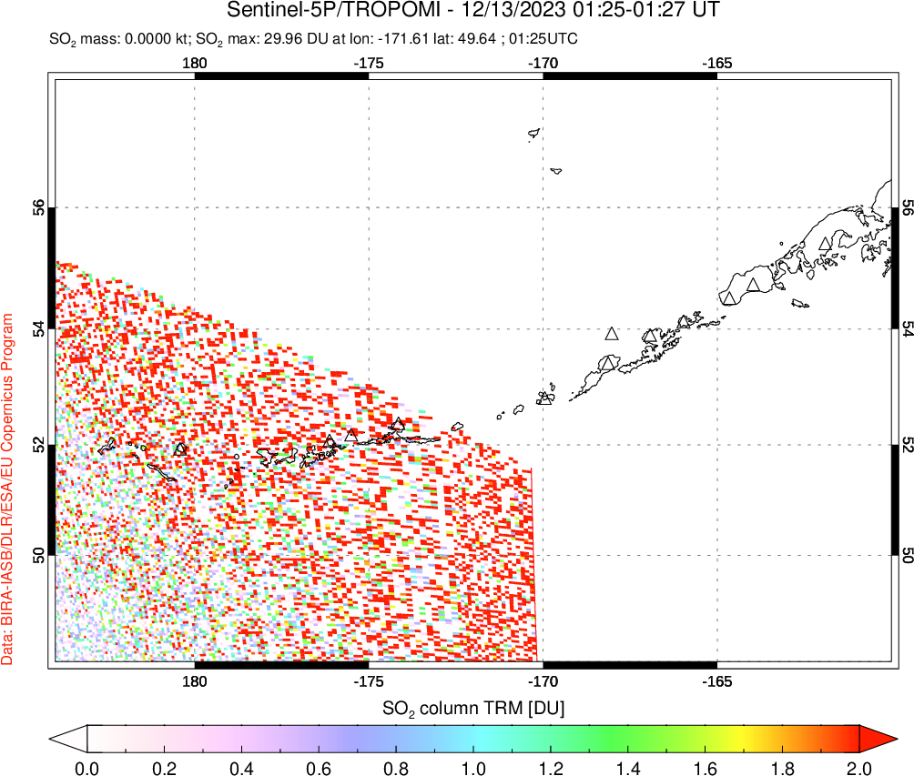 A sulfur dioxide image over Aleutian Islands, Alaska, USA on Dec 13, 2023.