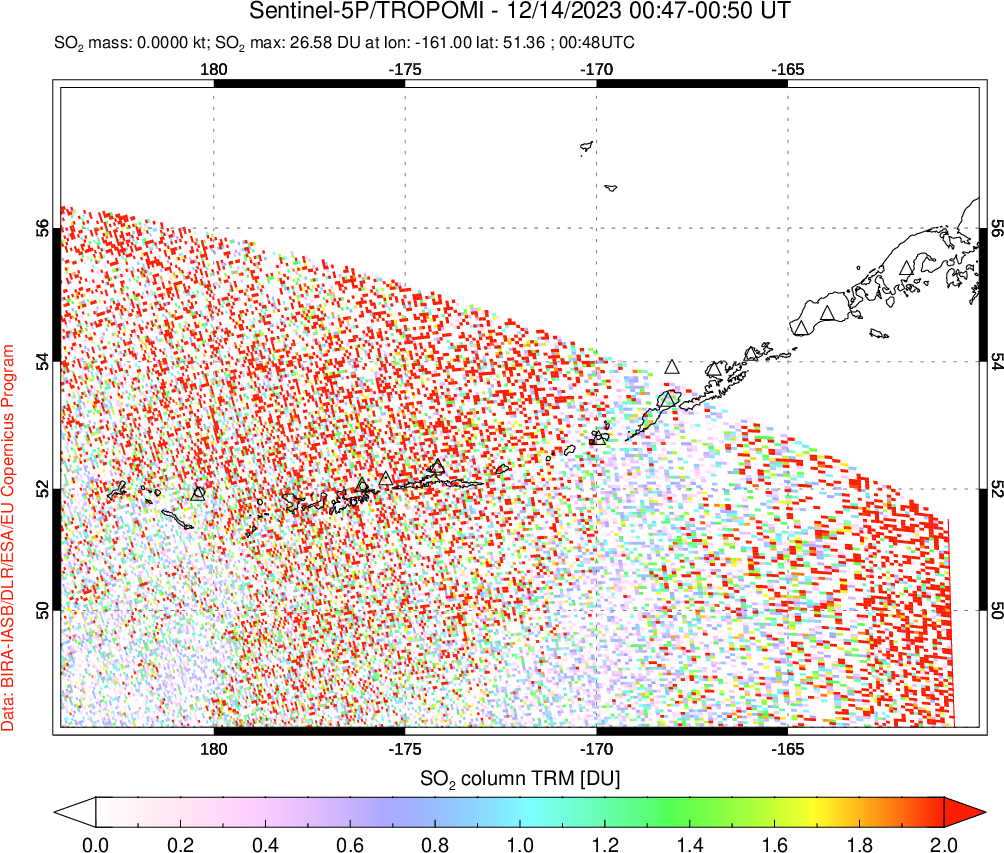 A sulfur dioxide image over Aleutian Islands, Alaska, USA on Dec 14, 2023.