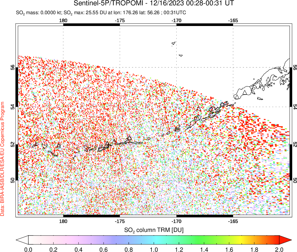 A sulfur dioxide image over Aleutian Islands, Alaska, USA on Dec 16, 2023.