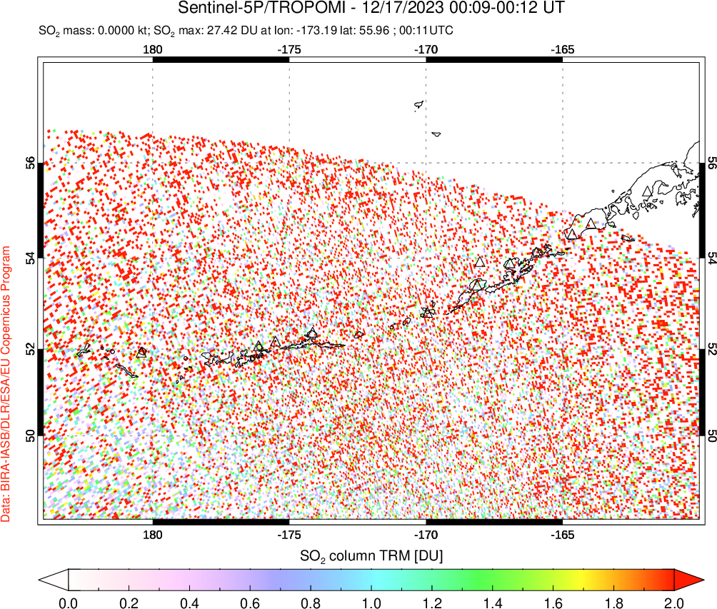 A sulfur dioxide image over Aleutian Islands, Alaska, USA on Dec 17, 2023.