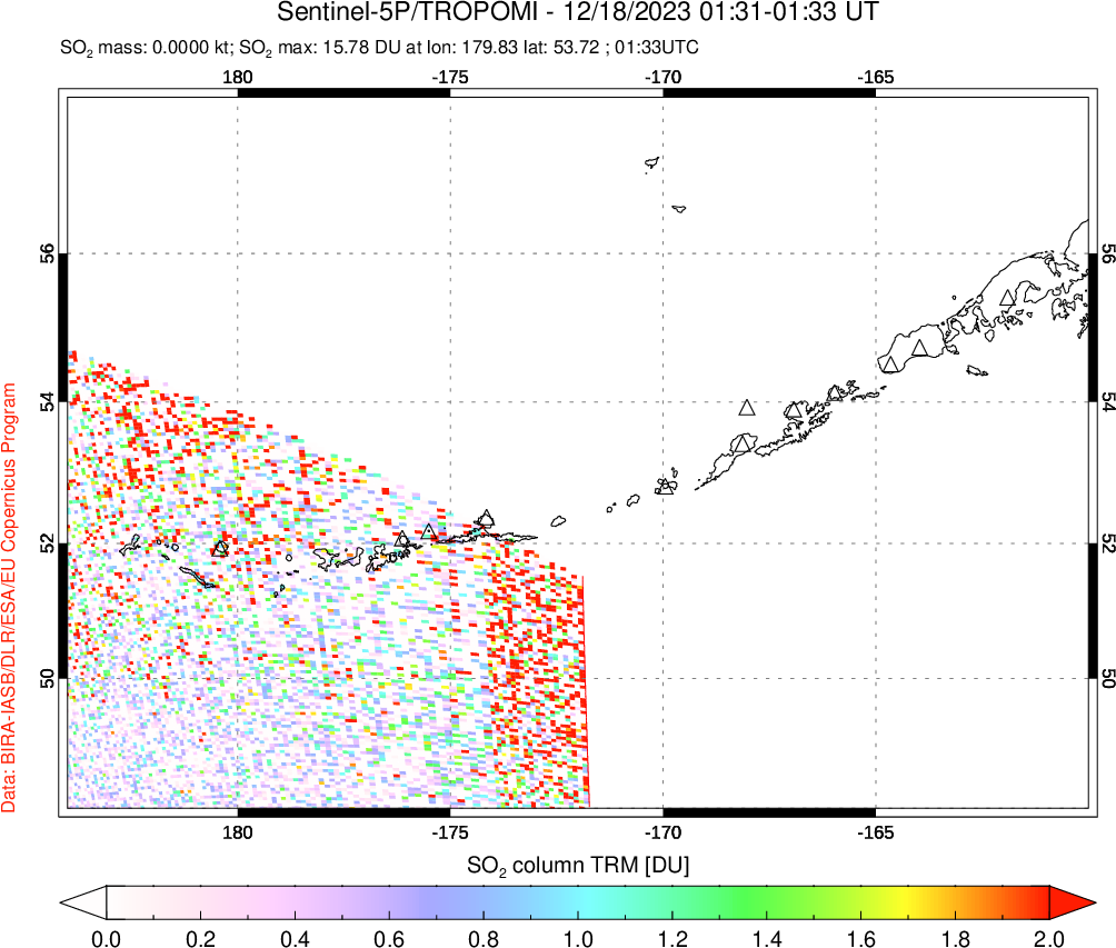 A sulfur dioxide image over Aleutian Islands, Alaska, USA on Dec 18, 2023.