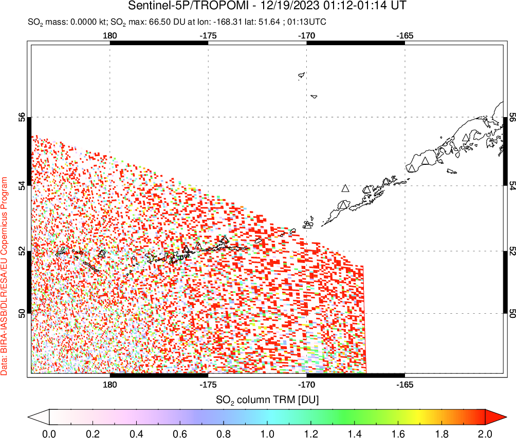 A sulfur dioxide image over Aleutian Islands, Alaska, USA on Dec 19, 2023.