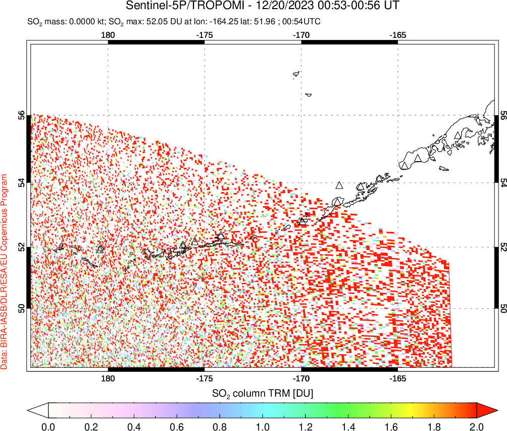 A sulfur dioxide image over Aleutian Islands, Alaska, USA on Dec 20, 2023.