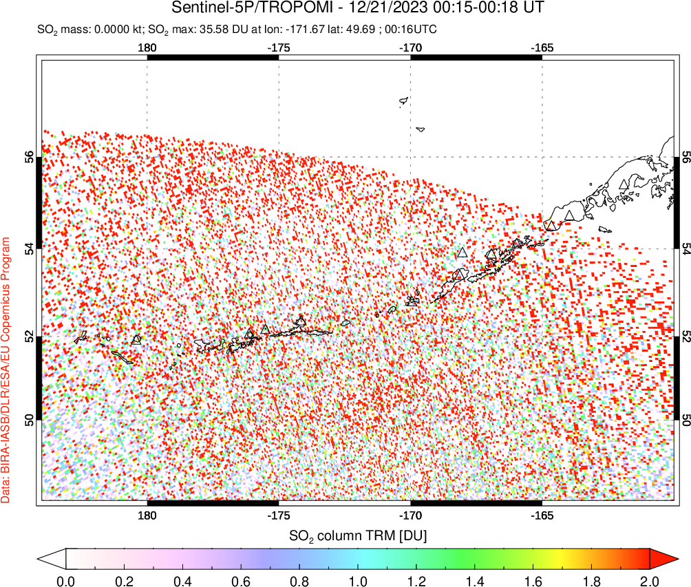 A sulfur dioxide image over Aleutian Islands, Alaska, USA on Dec 21, 2023.