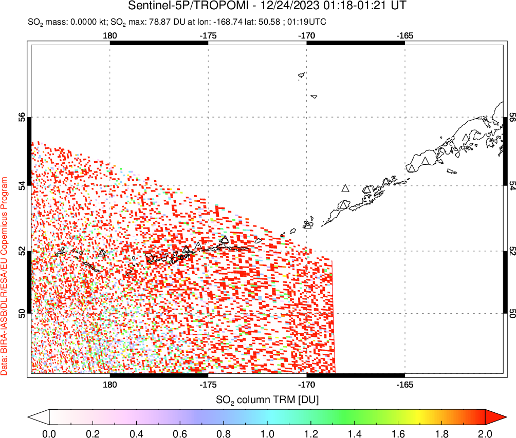 A sulfur dioxide image over Aleutian Islands, Alaska, USA on Dec 24, 2023.