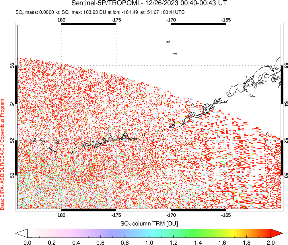 A sulfur dioxide image over Aleutian Islands, Alaska, USA on Dec 26, 2023.