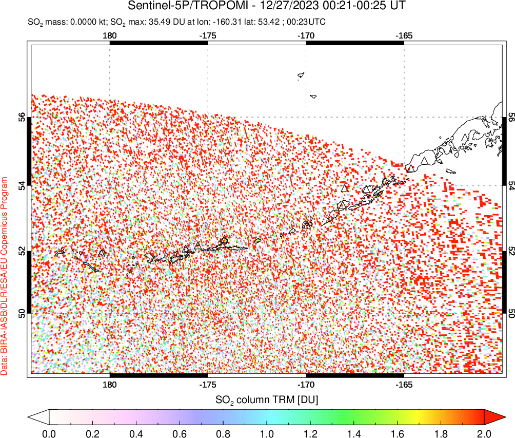 A sulfur dioxide image over Aleutian Islands, Alaska, USA on Dec 27, 2023.