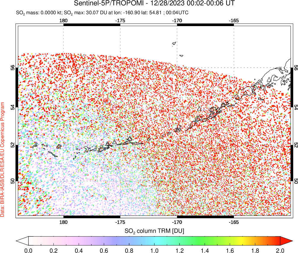 A sulfur dioxide image over Aleutian Islands, Alaska, USA on Dec 28, 2023.