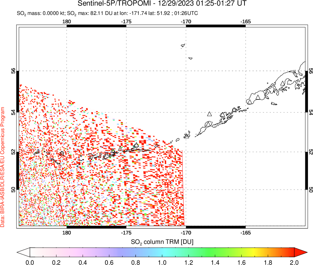 A sulfur dioxide image over Aleutian Islands, Alaska, USA on Dec 29, 2023.