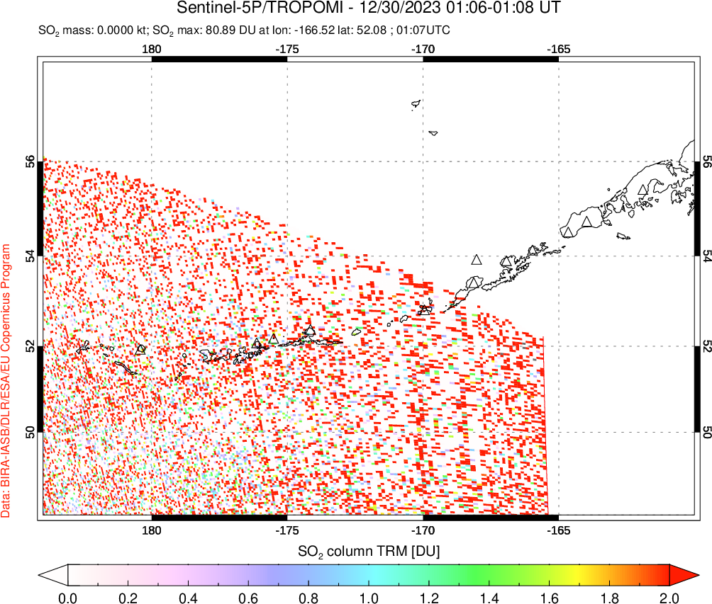 A sulfur dioxide image over Aleutian Islands, Alaska, USA on Dec 30, 2023.