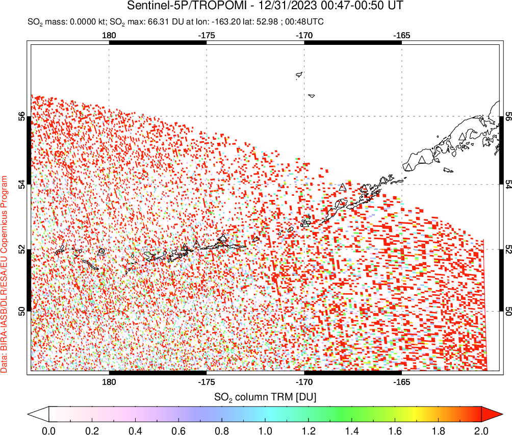 A sulfur dioxide image over Aleutian Islands, Alaska, USA on Dec 31, 2023.