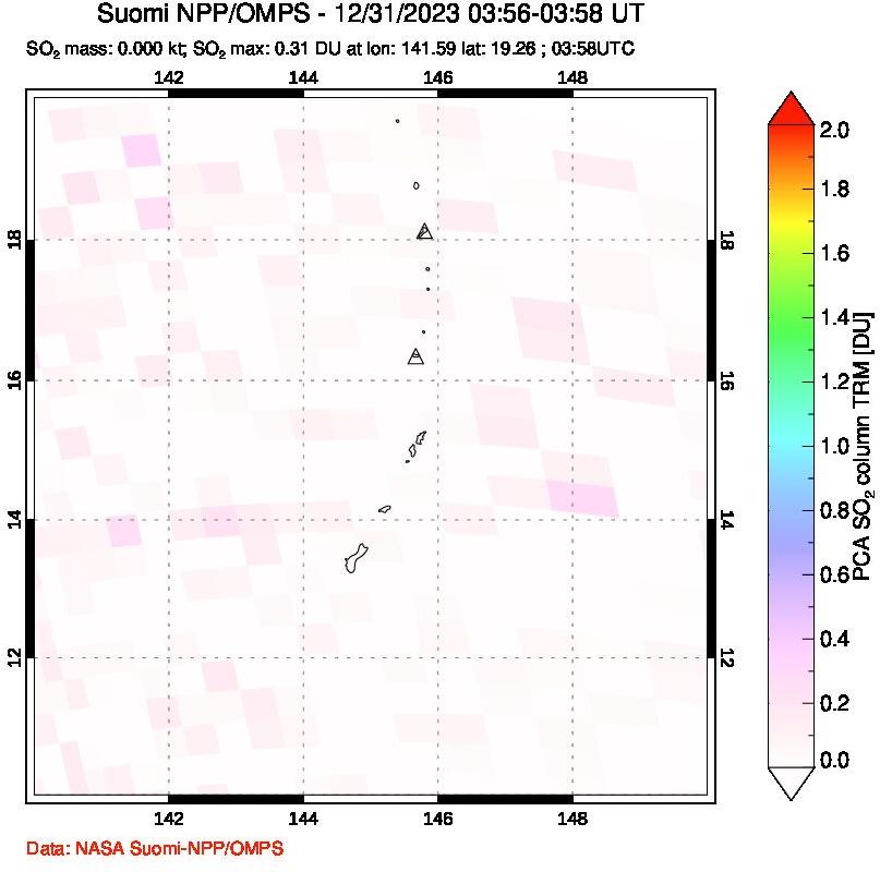 A sulfur dioxide image over Anatahan, Mariana Islands on Dec 31, 2023.