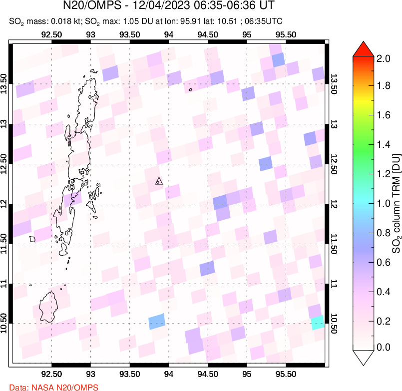 A sulfur dioxide image over Andaman Islands, Indian Ocean on Dec 04, 2023.