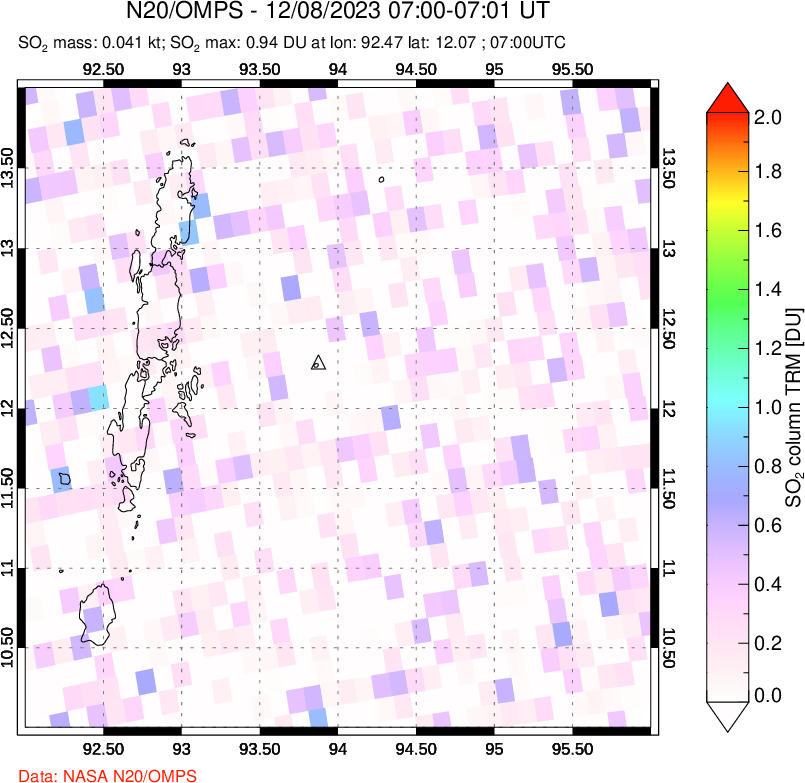 A sulfur dioxide image over Andaman Islands, Indian Ocean on Dec 08, 2023.