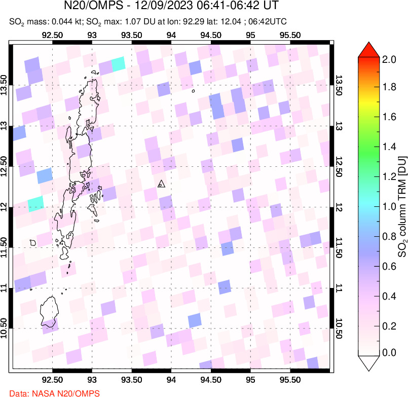 A sulfur dioxide image over Andaman Islands, Indian Ocean on Dec 09, 2023.