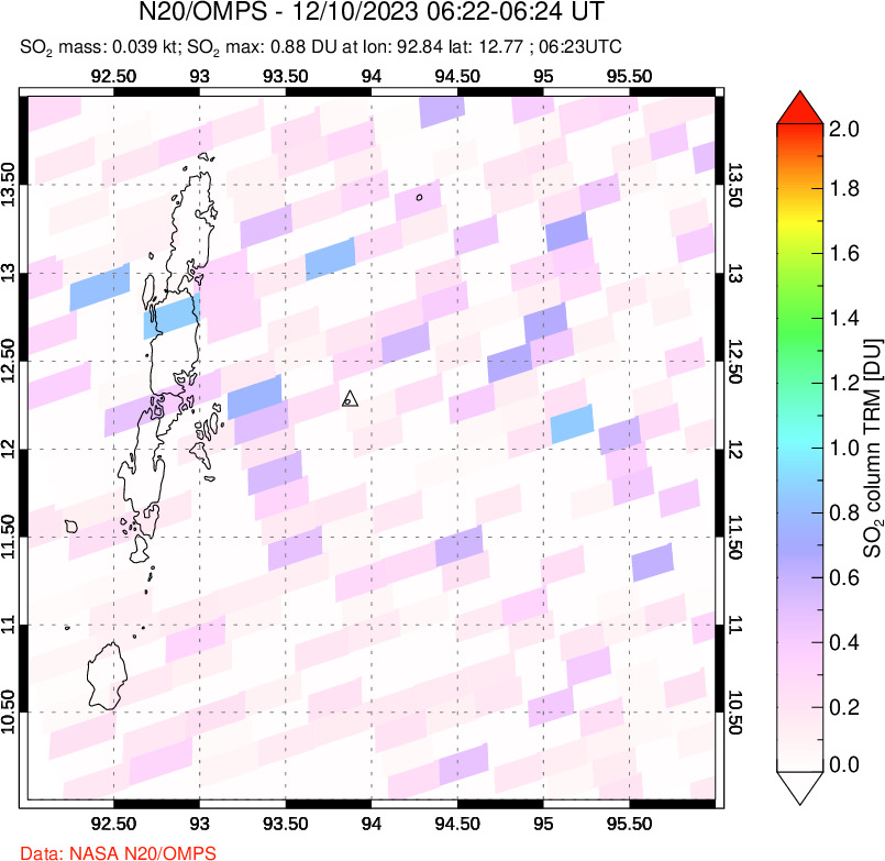 A sulfur dioxide image over Andaman Islands, Indian Ocean on Dec 10, 2023.