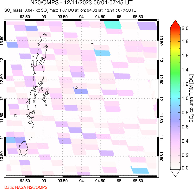 A sulfur dioxide image over Andaman Islands, Indian Ocean on Dec 11, 2023.