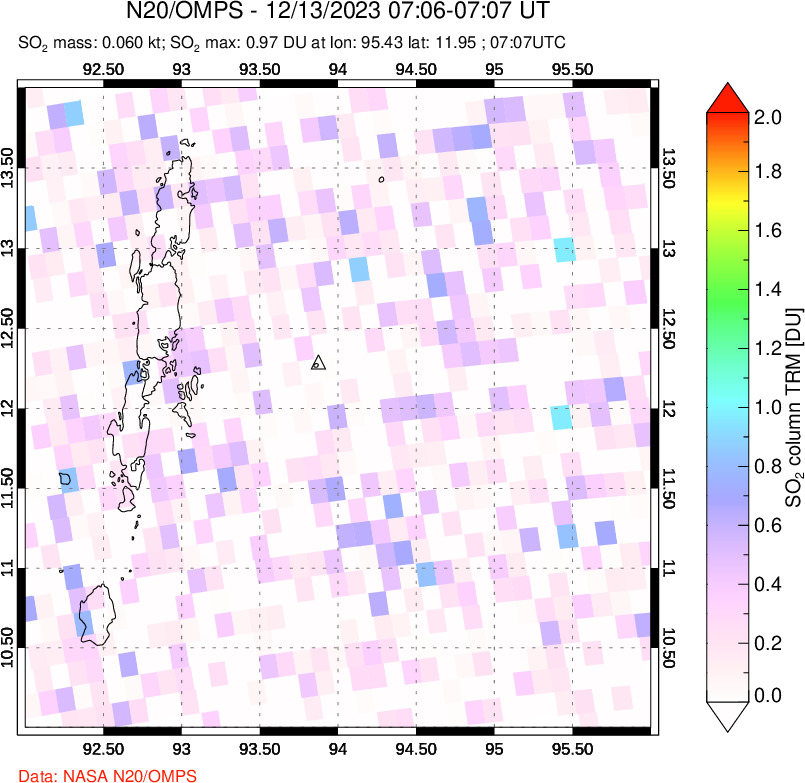 A sulfur dioxide image over Andaman Islands, Indian Ocean on Dec 13, 2023.