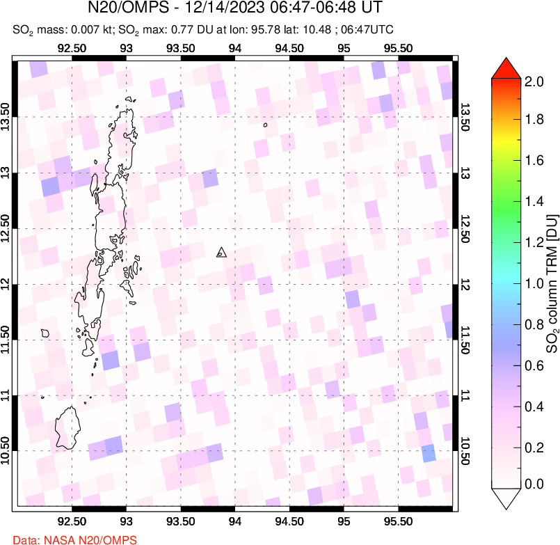 A sulfur dioxide image over Andaman Islands, Indian Ocean on Dec 14, 2023.