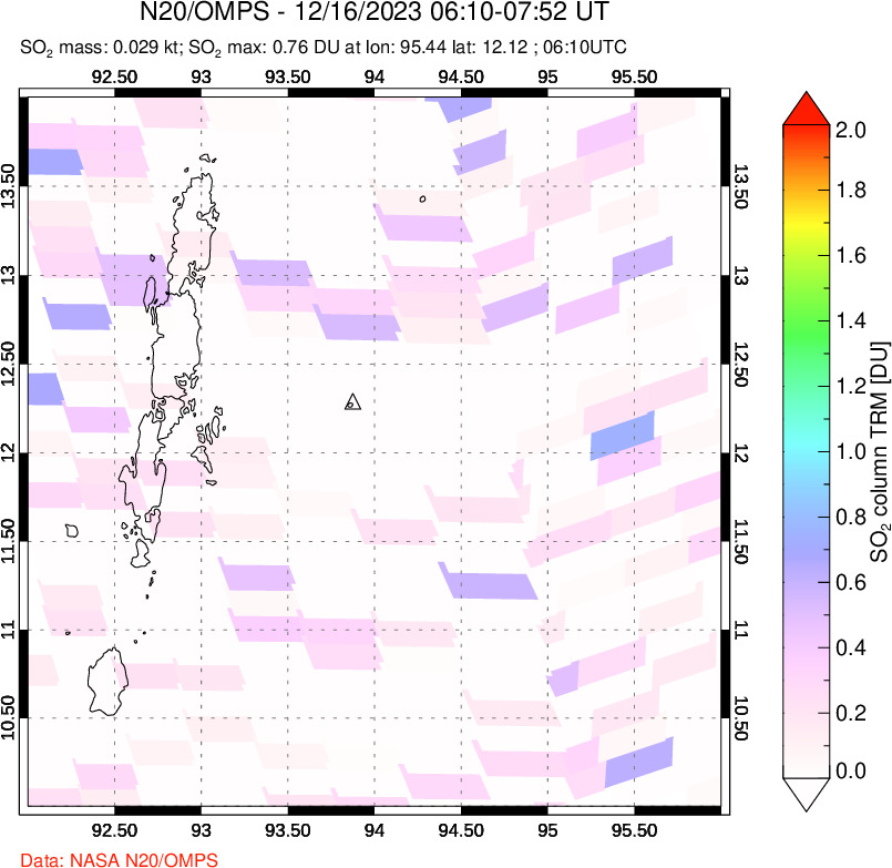 A sulfur dioxide image over Andaman Islands, Indian Ocean on Dec 16, 2023.