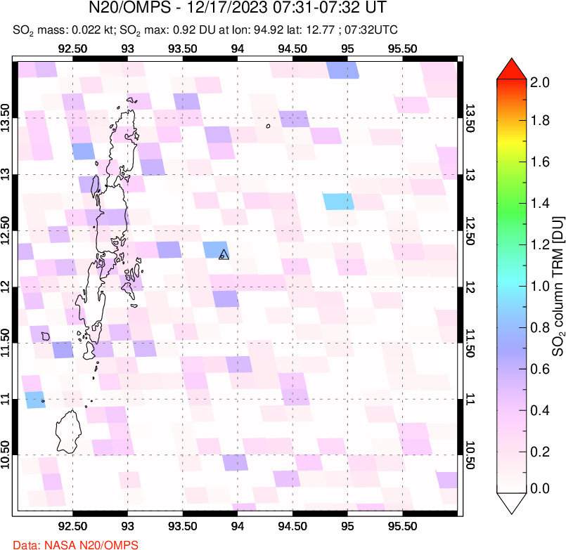 A sulfur dioxide image over Andaman Islands, Indian Ocean on Dec 17, 2023.