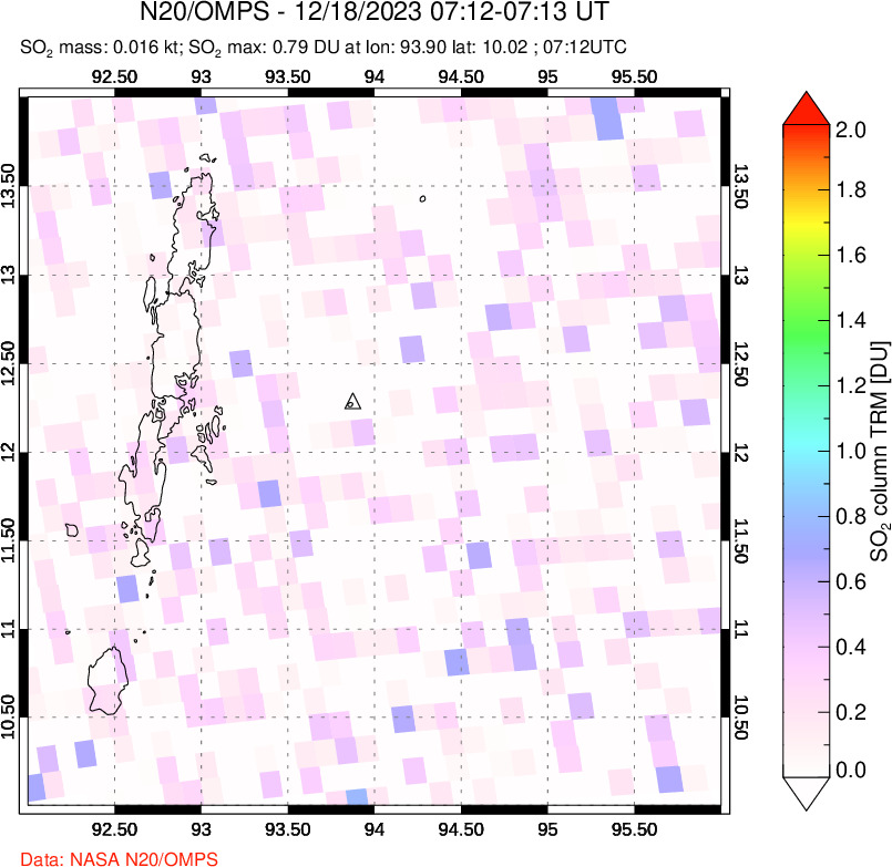 A sulfur dioxide image over Andaman Islands, Indian Ocean on Dec 18, 2023.