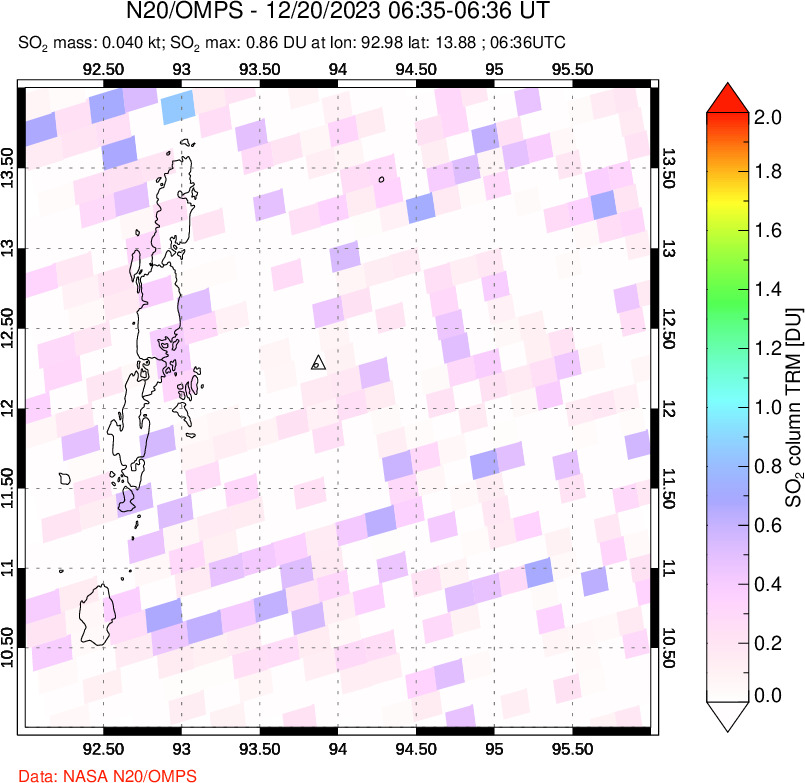 A sulfur dioxide image over Andaman Islands, Indian Ocean on Dec 20, 2023.