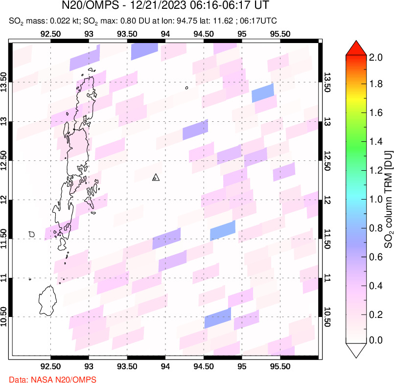 A sulfur dioxide image over Andaman Islands, Indian Ocean on Dec 21, 2023.