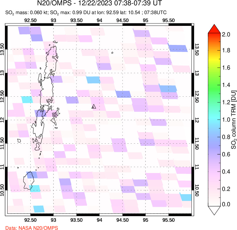 A sulfur dioxide image over Andaman Islands, Indian Ocean on Dec 22, 2023.