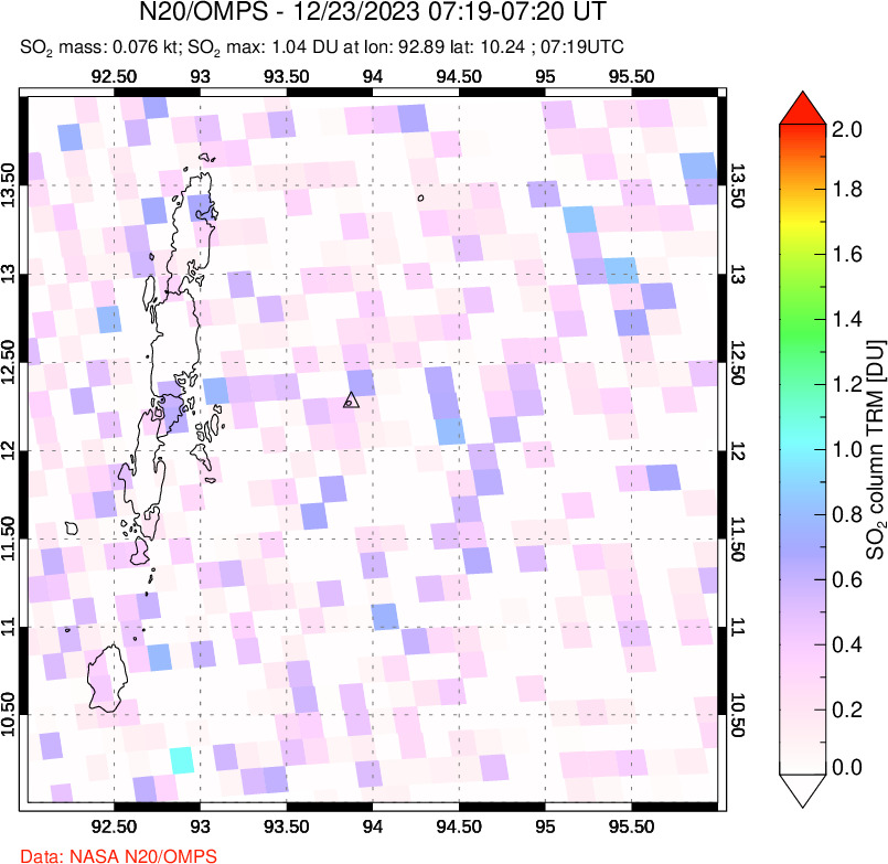 A sulfur dioxide image over Andaman Islands, Indian Ocean on Dec 23, 2023.