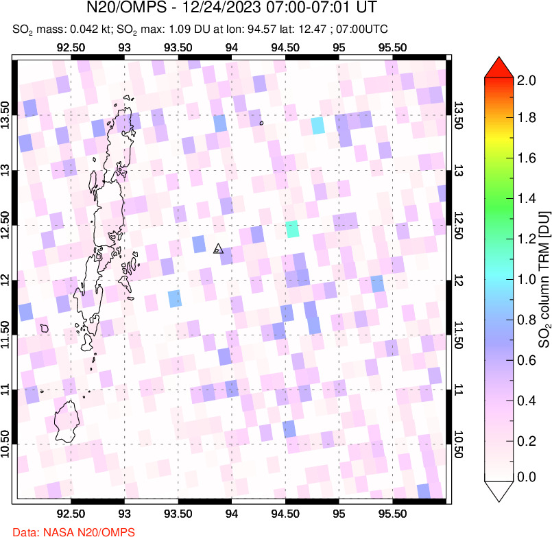 A sulfur dioxide image over Andaman Islands, Indian Ocean on Dec 24, 2023.