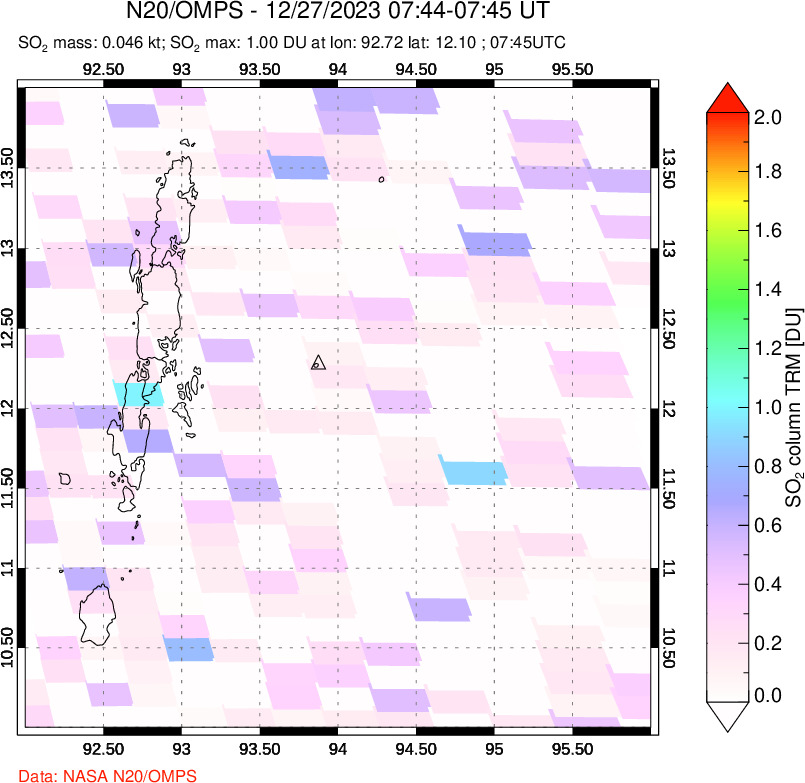 A sulfur dioxide image over Andaman Islands, Indian Ocean on Dec 27, 2023.