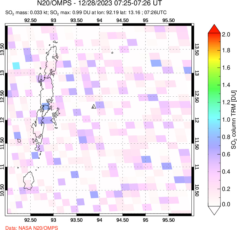 A sulfur dioxide image over Andaman Islands, Indian Ocean on Dec 28, 2023.