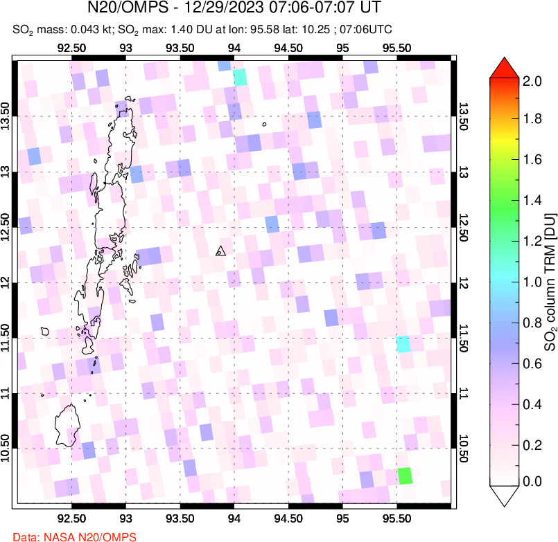 A sulfur dioxide image over Andaman Islands, Indian Ocean on Dec 29, 2023.