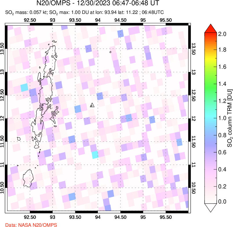 A sulfur dioxide image over Andaman Islands, Indian Ocean on Dec 30, 2023.