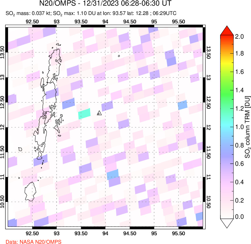 A sulfur dioxide image over Andaman Islands, Indian Ocean on Dec 31, 2023.