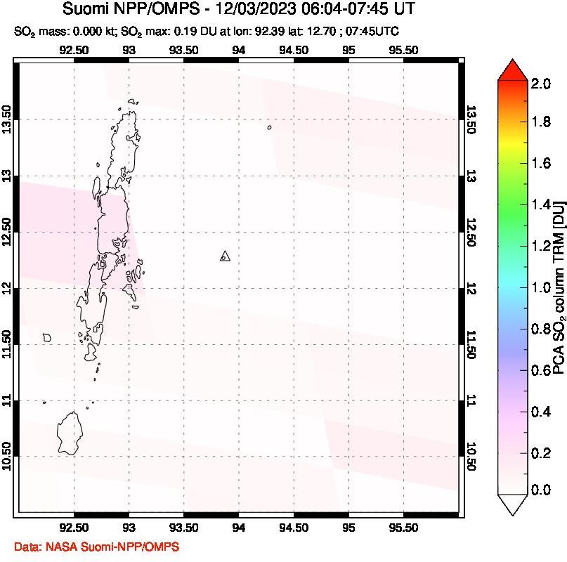 A sulfur dioxide image over Andaman Islands, Indian Ocean on Dec 03, 2023.