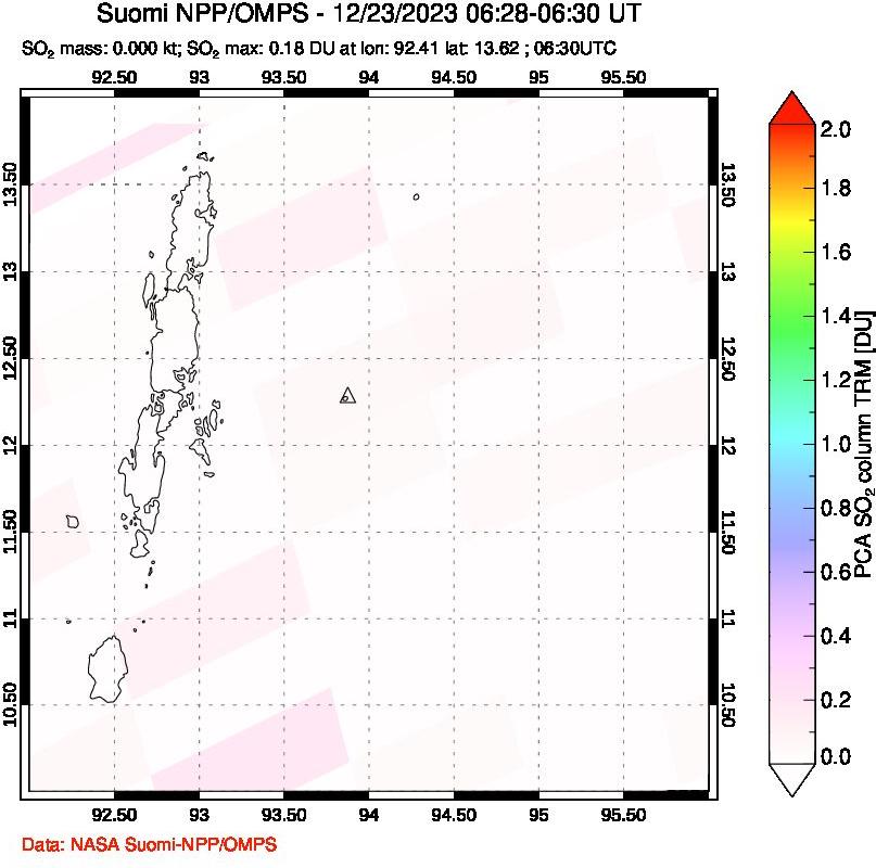 A sulfur dioxide image over Andaman Islands, Indian Ocean on Dec 23, 2023.