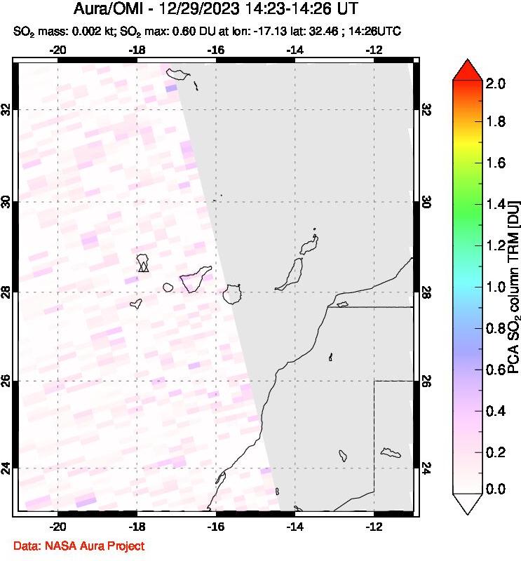 A sulfur dioxide image over Canary Islands on Dec 29, 2023.