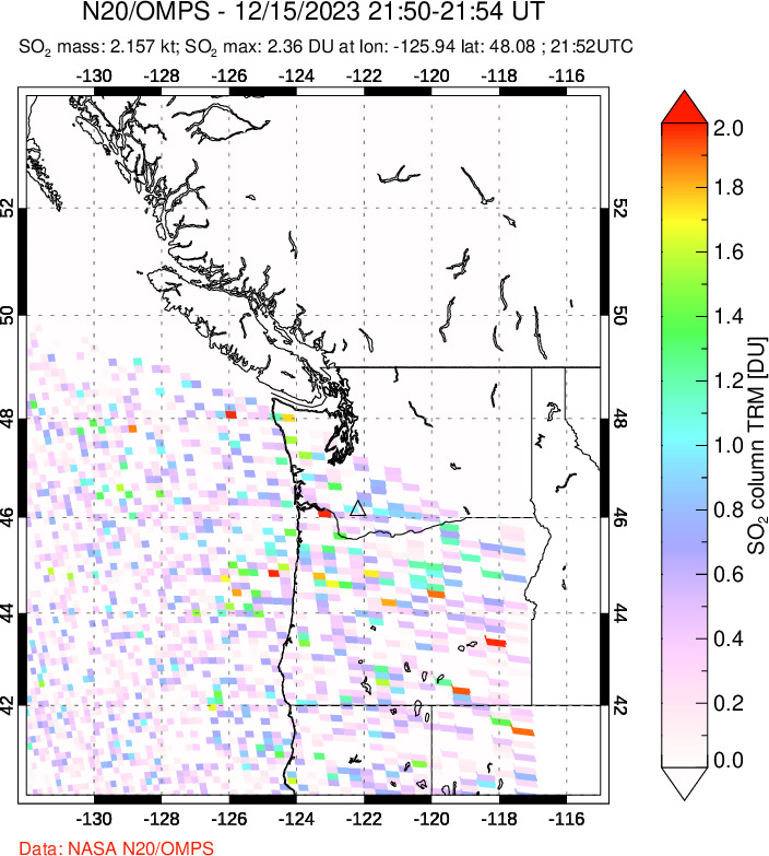 A sulfur dioxide image over Cascade Range, USA on Dec 15, 2023.