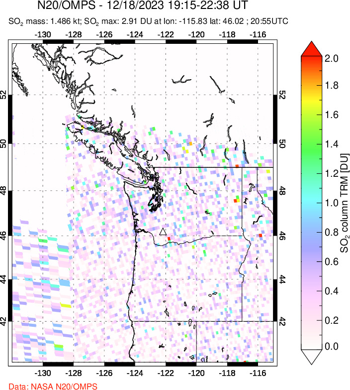 A sulfur dioxide image over Cascade Range, USA on Dec 18, 2023.