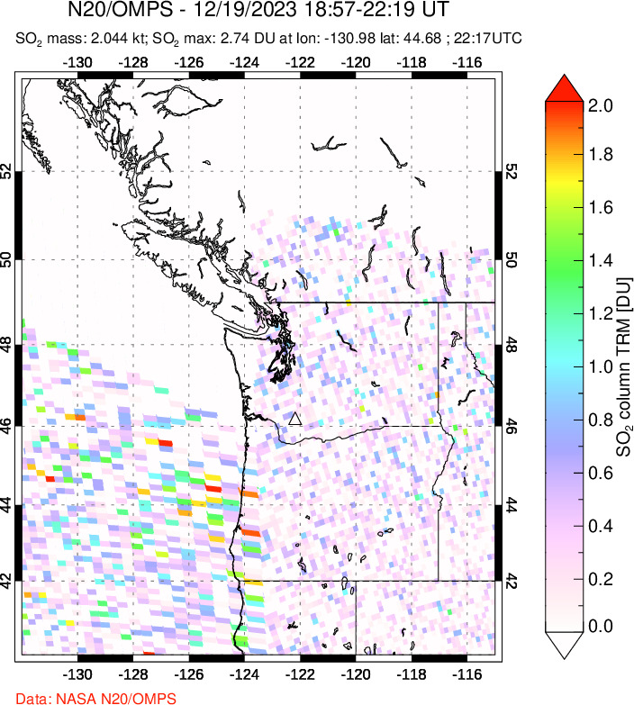 A sulfur dioxide image over Cascade Range, USA on Dec 19, 2023.