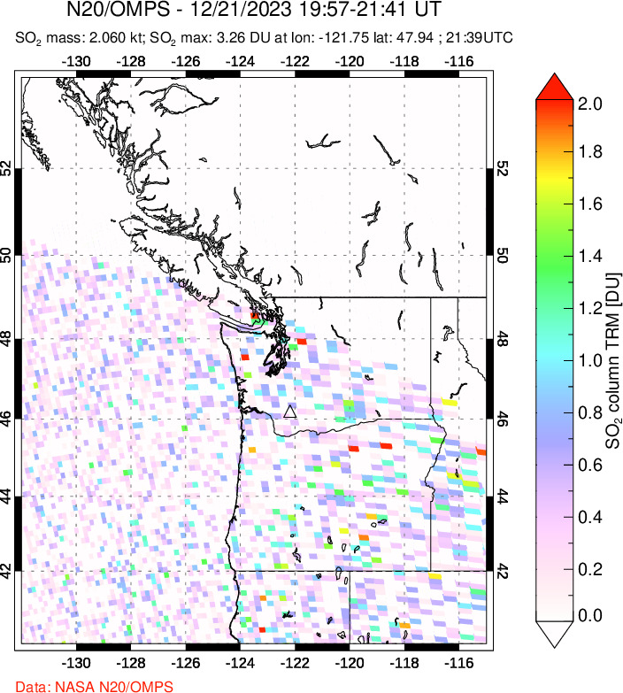 A sulfur dioxide image over Cascade Range, USA on Dec 21, 2023.