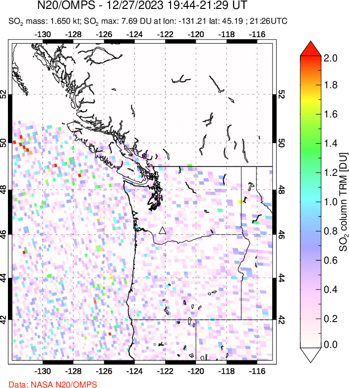 A sulfur dioxide image over Cascade Range, USA on Dec 27, 2023.