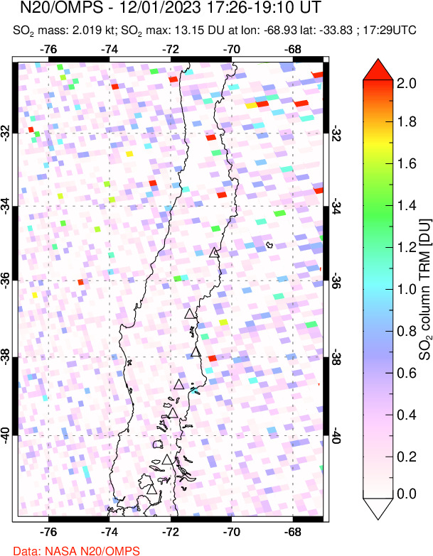 A sulfur dioxide image over Central Chile on Dec 01, 2023.