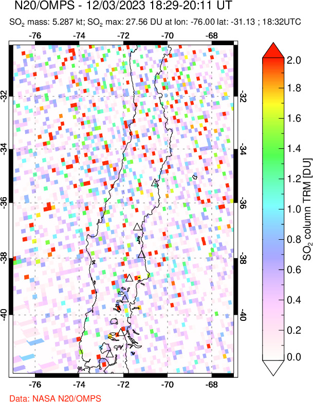 A sulfur dioxide image over Central Chile on Dec 03, 2023.