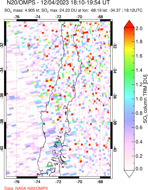 A sulfur dioxide image over Central Chile on Dec 04, 2023.