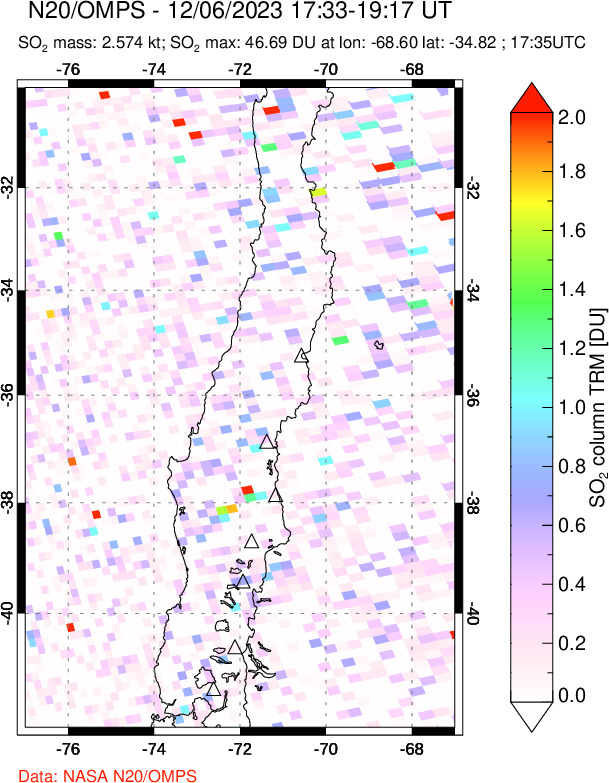 A sulfur dioxide image over Central Chile on Dec 06, 2023.